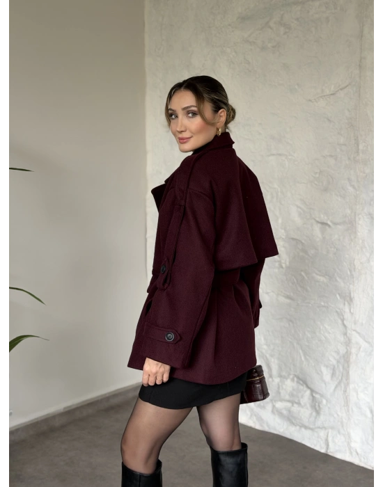 Oversize ara boy standart kaşe kaban bordo