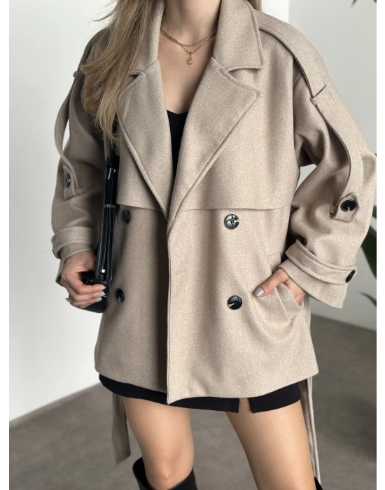 Oversize ara boy standart kaşe kaban koyu krem