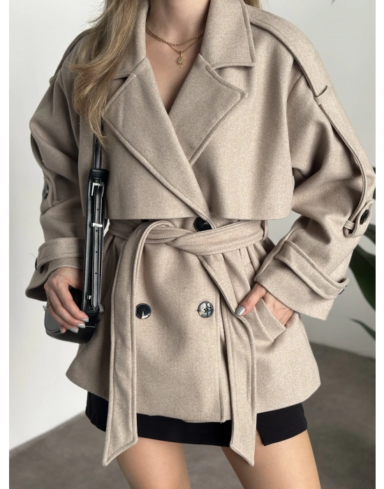 Oversize ara boy standart kaşe kaban koyu krem