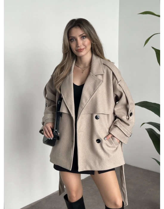 Oversize ara boy standart kaşe kaban koyu krem