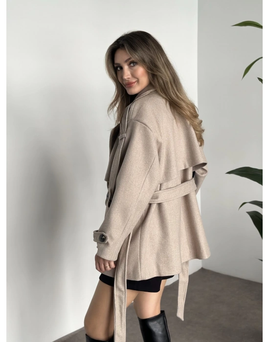 Oversize ara boy standart kaşe kaban koyu krem