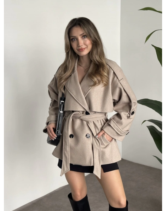 Oversize ara boy standart kaşe kaban koyu krem