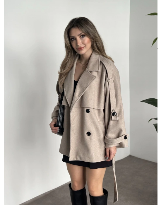 Oversize ara boy standart kaşe kaban koyu krem