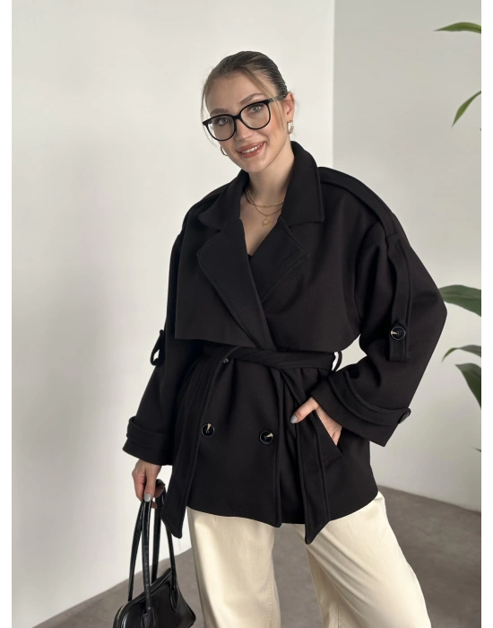 Oversize ara boy standart kaşe kaban siyah