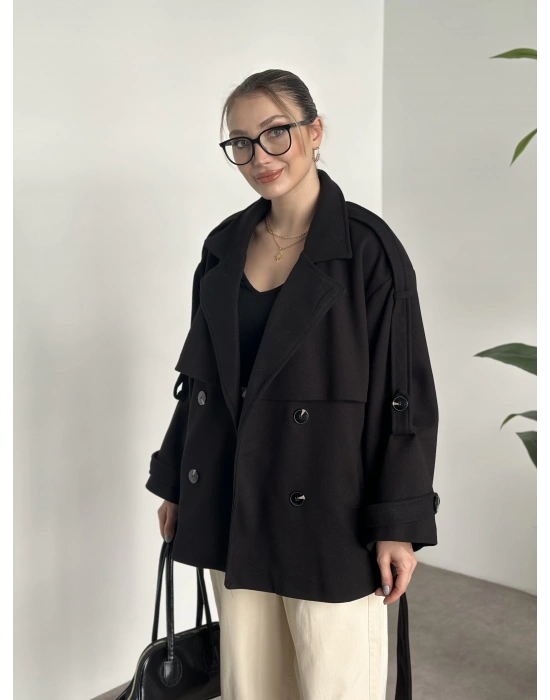 Oversize ara boy standart kaşe kaban siyah