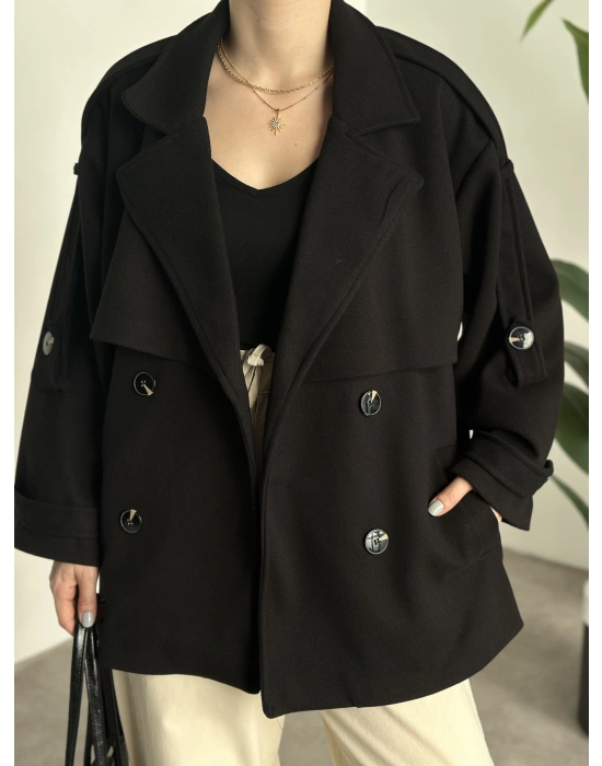 Oversize ara boy standart kaşe kaban siyah