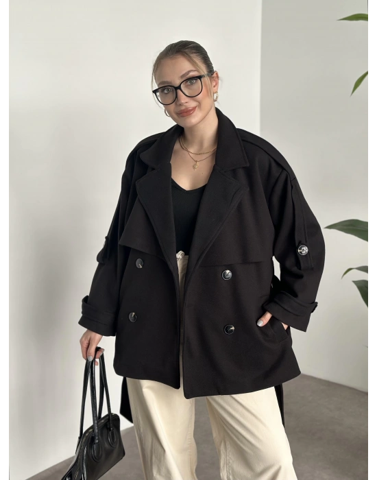 Oversize ara boy standart kaşe kaban siyah