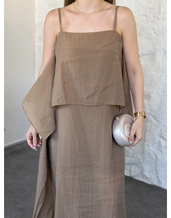 Oversize askısı ayarlanabilir tül modal elbise camel