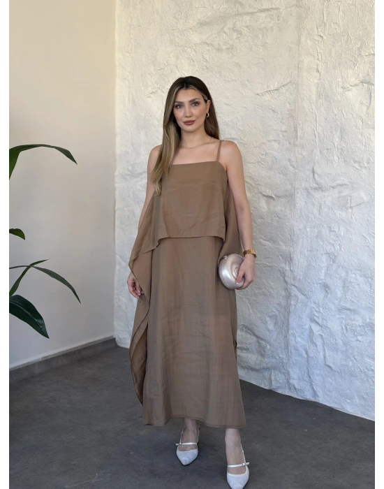 Oversize askısı ayarlanabilir tül modal elbise camel