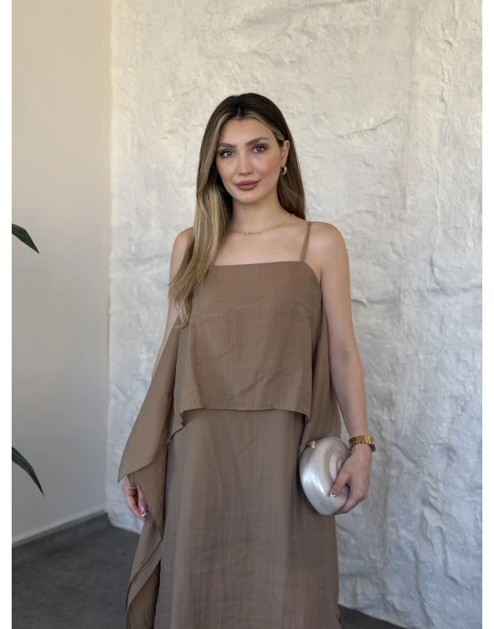 Oversize askısı ayarlanabilir tül modal elbise camel