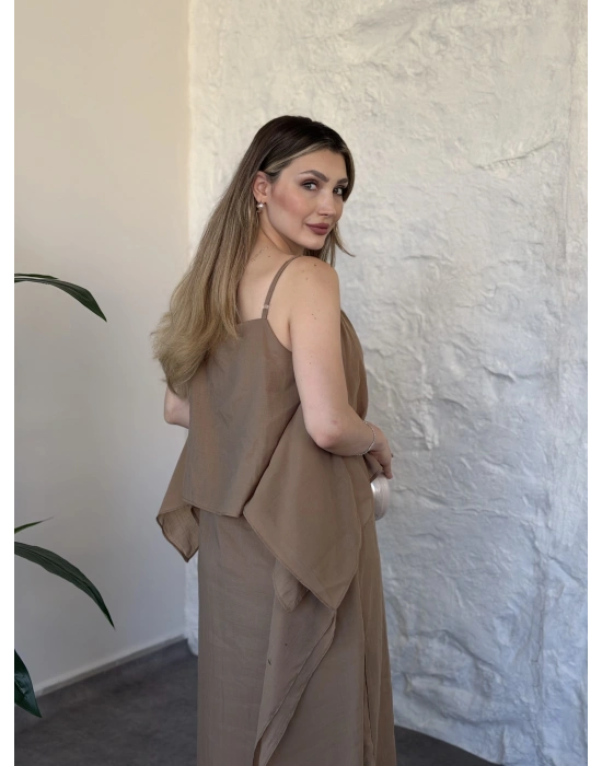 Oversize askısı ayarlanabilir tül modal elbise camel