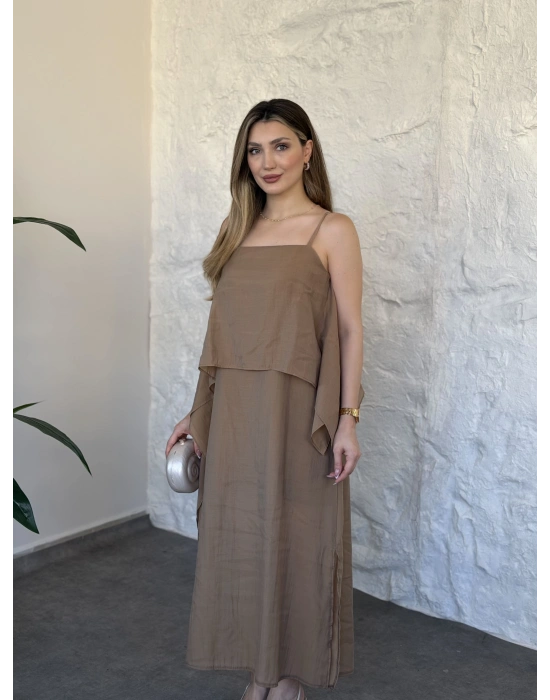 Oversize askısı ayarlanabilir tül modal elbise camel