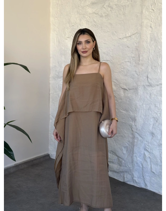 Oversize askısı ayarlanabilir tül modal elbise camel
