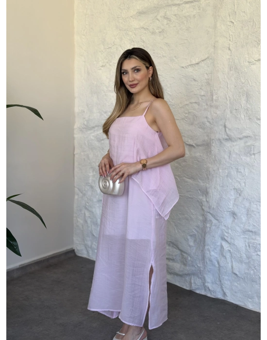 Oversize askısı ayarlanabilir tül modal elbise pembe