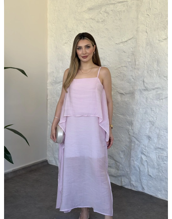 Oversize askısı ayarlanabilir tül modal elbise pembe