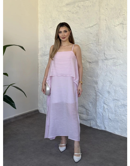 Oversize askısı ayarlanabilir tül modal elbise pembe