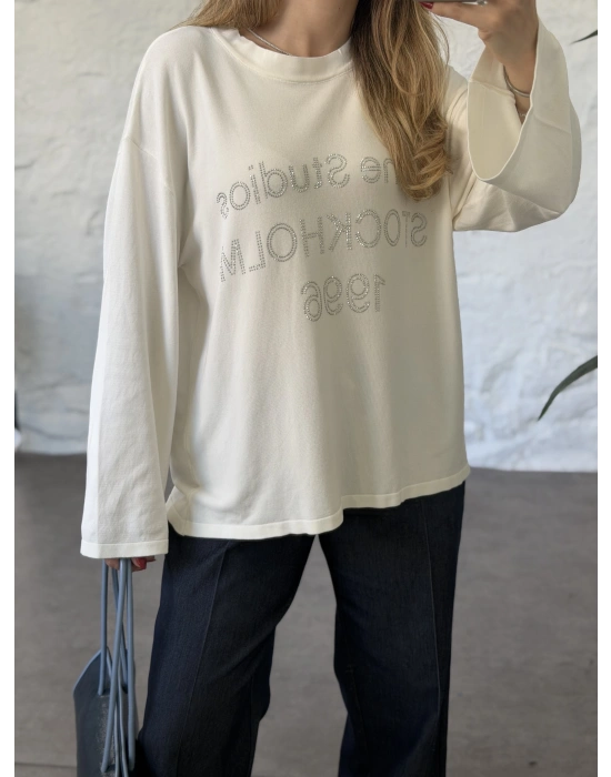 Oversize basic taş baskılı sweatshırt beyaz
