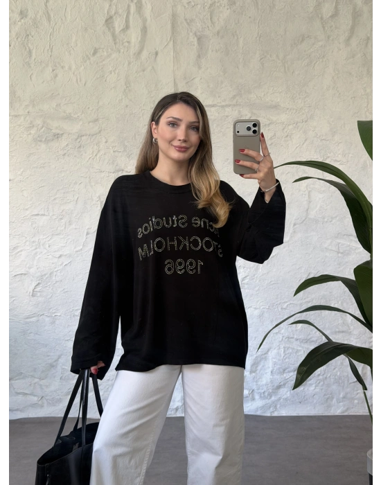 Oversize basic taş baskılı sweatshırt siyah