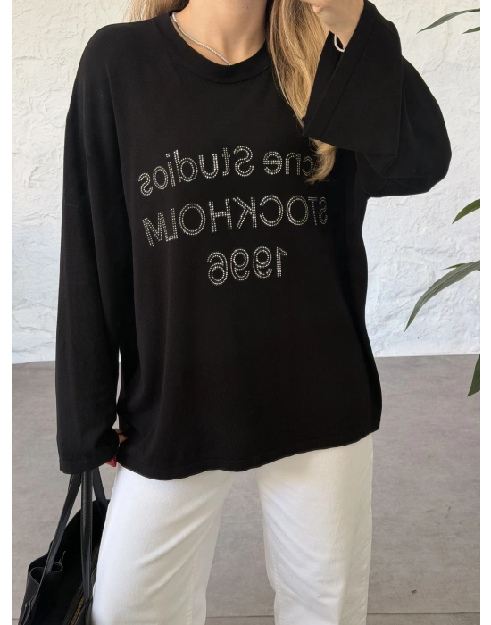 Oversize basic taş baskılı sweatshırt siyah