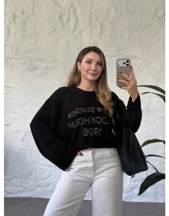 Oversize basic taş baskılı sweatshırt siyah