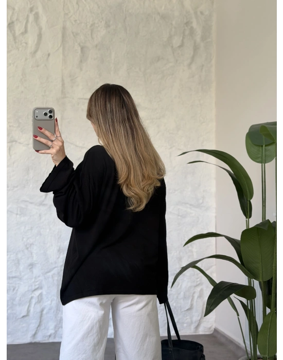 Oversize basic taş baskılı sweatshırt siyah