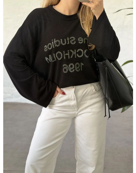 Oversize basic taş baskılı sweatshırt siyah
