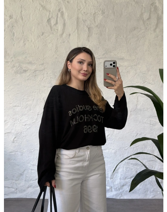 Oversize basic taş baskılı sweatshırt siyah