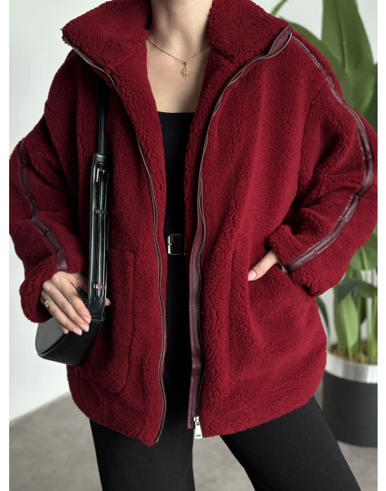 Oversize biye detaylı peluş mont bordo