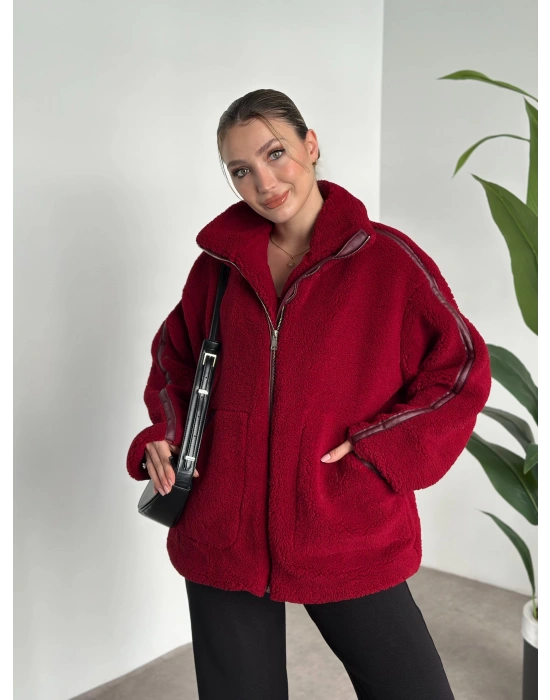 Oversize biye detaylı peluş mont bordo