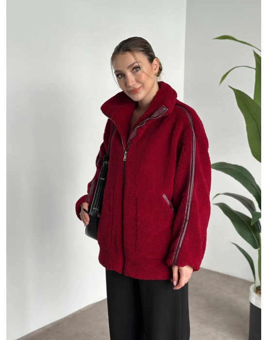Oversize biye detaylı peluş mont bordo