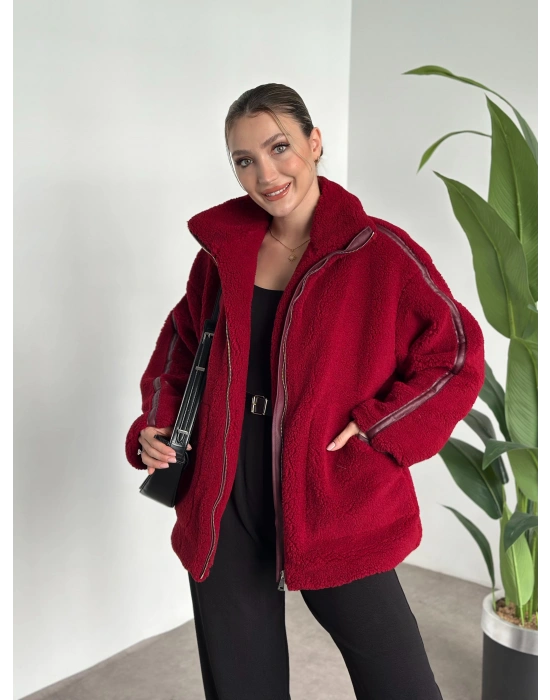 Oversize biye detaylı peluş mont bordo