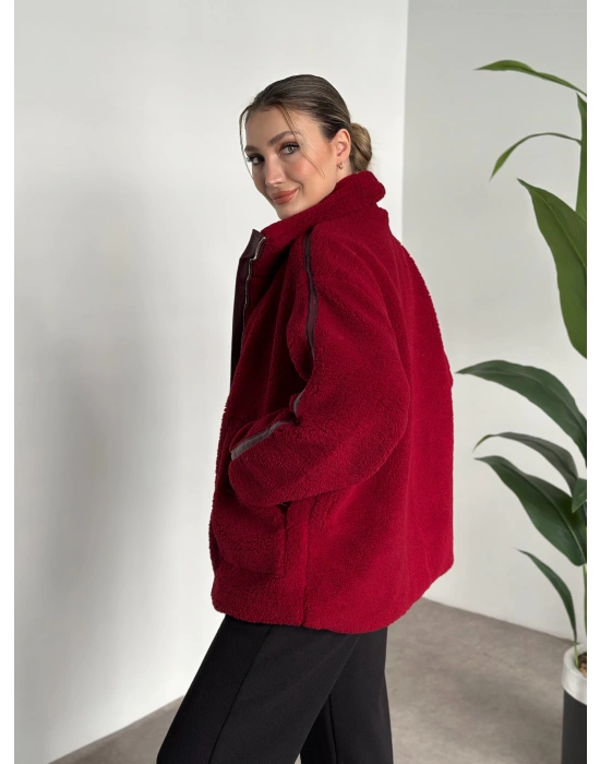 Oversize biye detaylı peluş mont bordo