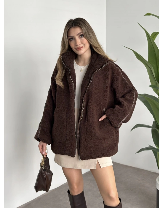 Oversize biye detaylı peluş mont kahve