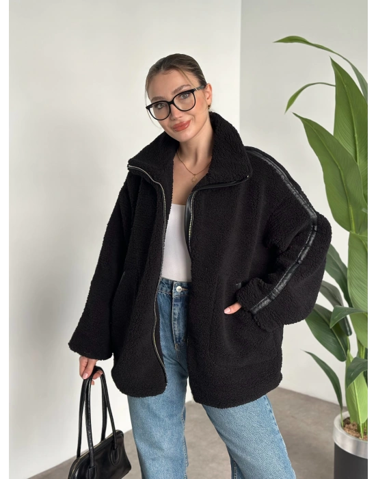 Oversize biye detaylı peluş mont siyah