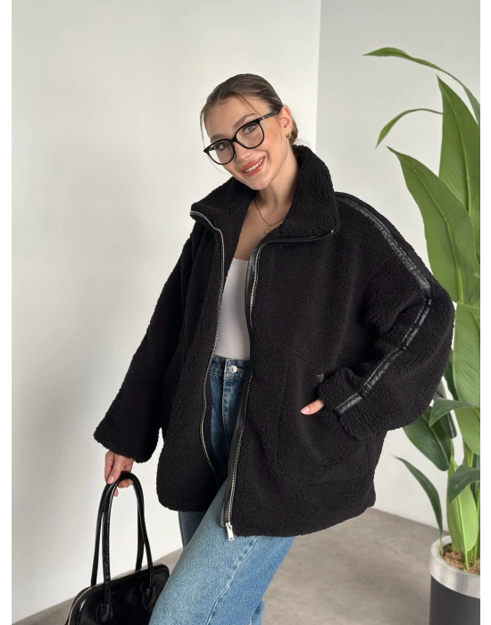 Oversize biye detaylı peluş mont siyah