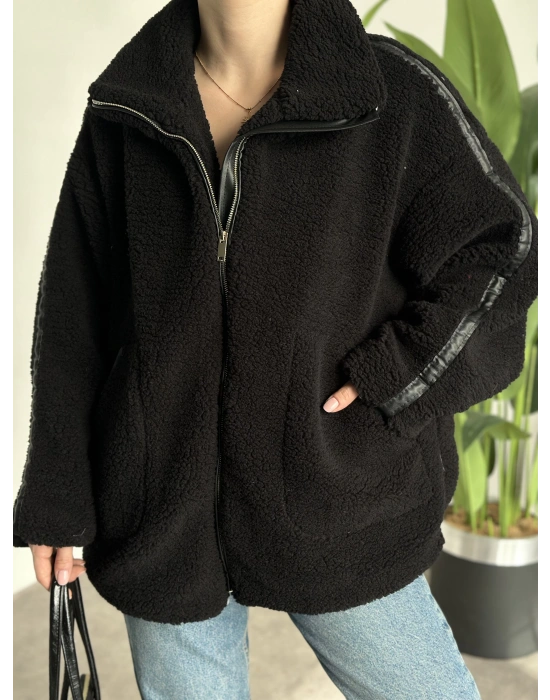 Oversize biye detaylı peluş mont siyah