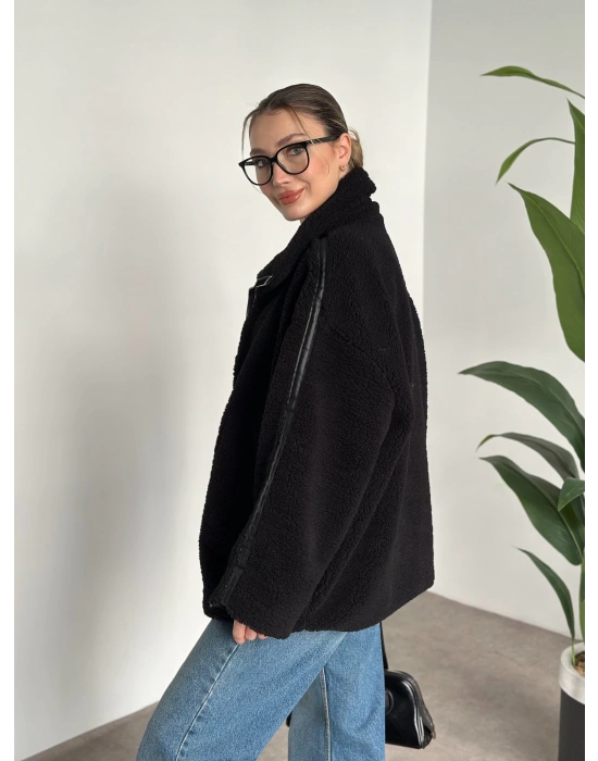 Oversize biye detaylı peluş mont siyah