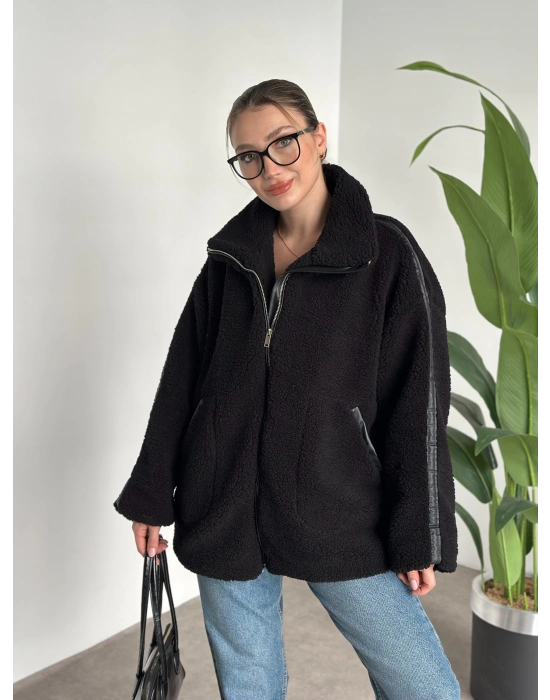 Oversize biye detaylı peluş mont siyah