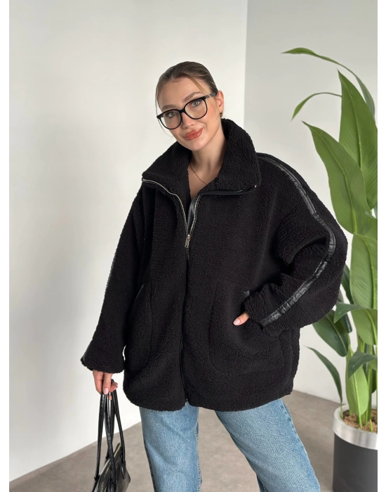 Oversize biye detaylı peluş mont siyah