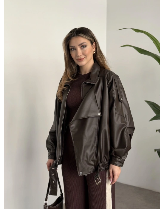 Oversize çapraz fermuarlı deri mont kahve