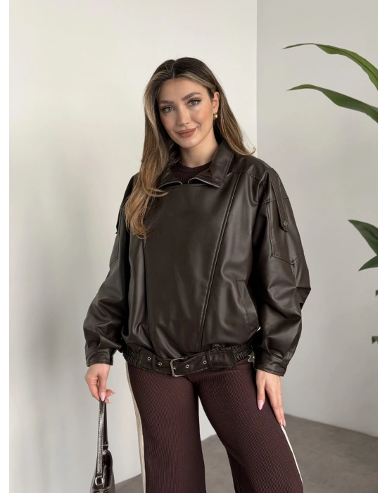 Oversize çapraz fermuarlı deri mont kahve