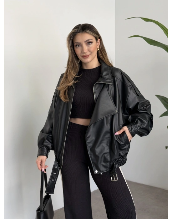 Oversize çapraz fermuarlı deri mont siyah