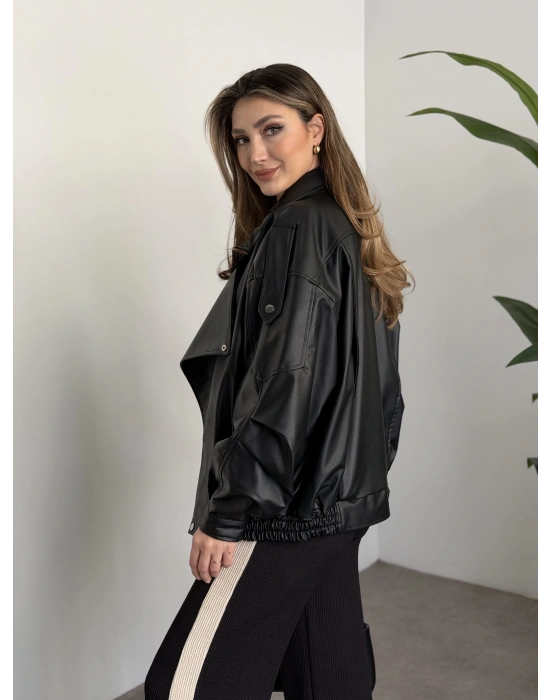 Oversize çapraz fermuarlı deri mont siyah