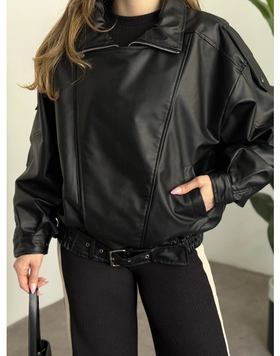 Oversize çapraz fermuarlı deri mont siyah