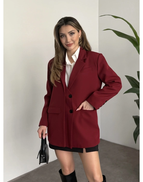 Oversize düğme detaylı blazer ceket bordo