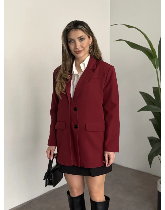 Oversize düğme detaylı blazer ceket bordo
