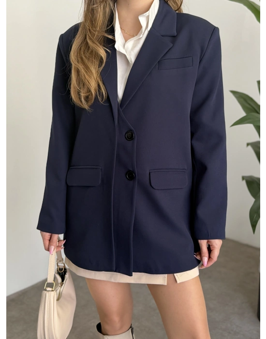 Oversize düğme detaylı blazer ceket lacivert