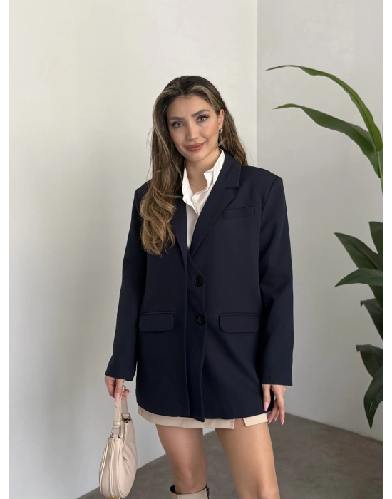 Oversize düğme detaylı blazer ceket lacivert