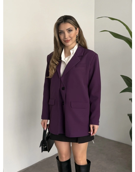 Oversize düğme detaylı blazer ceket mürdüm