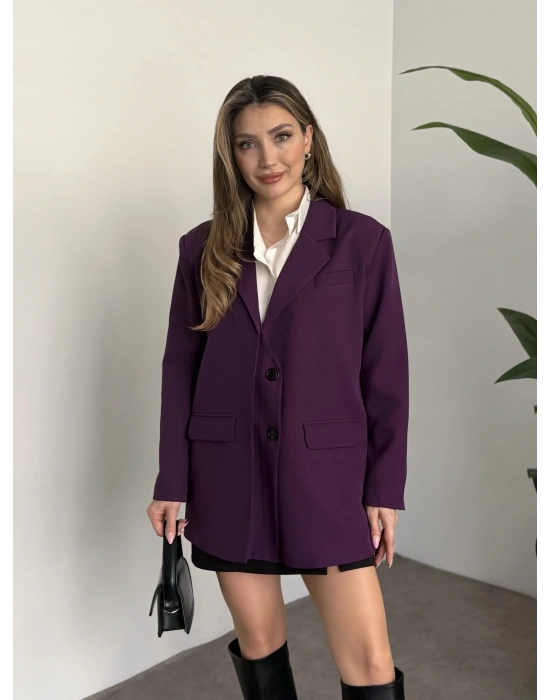 Oversize düğme detaylı blazer ceket mürdüm